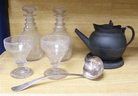 A Wedgwood basaltware teapot and stand and a pair of rummers
